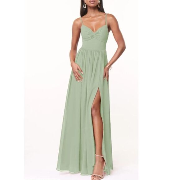 Azazie Womens Chiffon Spaghetti Strap Ruched Bodice A-Line Gown Sz A0 Sage Green - Picture 1 of 8